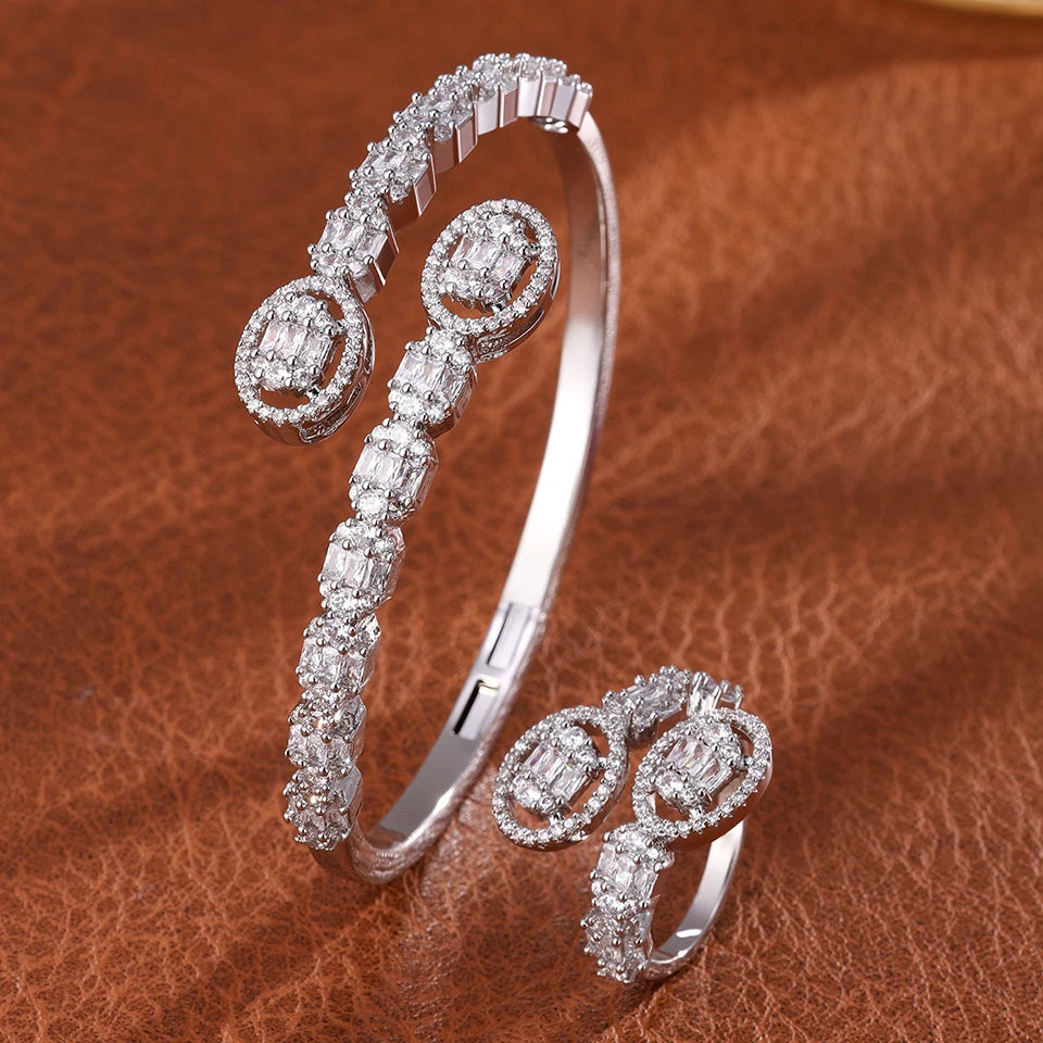 ZAKOL 9 Styles Slivery Open Bracelet Ring Jewelry Set Luxury Shiny Zircon Middle East Trendy Jewelry for Women Gift