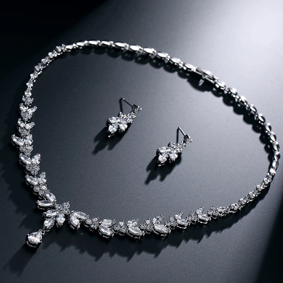 ZAKOL Luxury Brilliant Zirconia Leaf Necklace Earrings Rings Bracelets Set for Women CZ Drop Bridal Wedding Jewelry Sets New