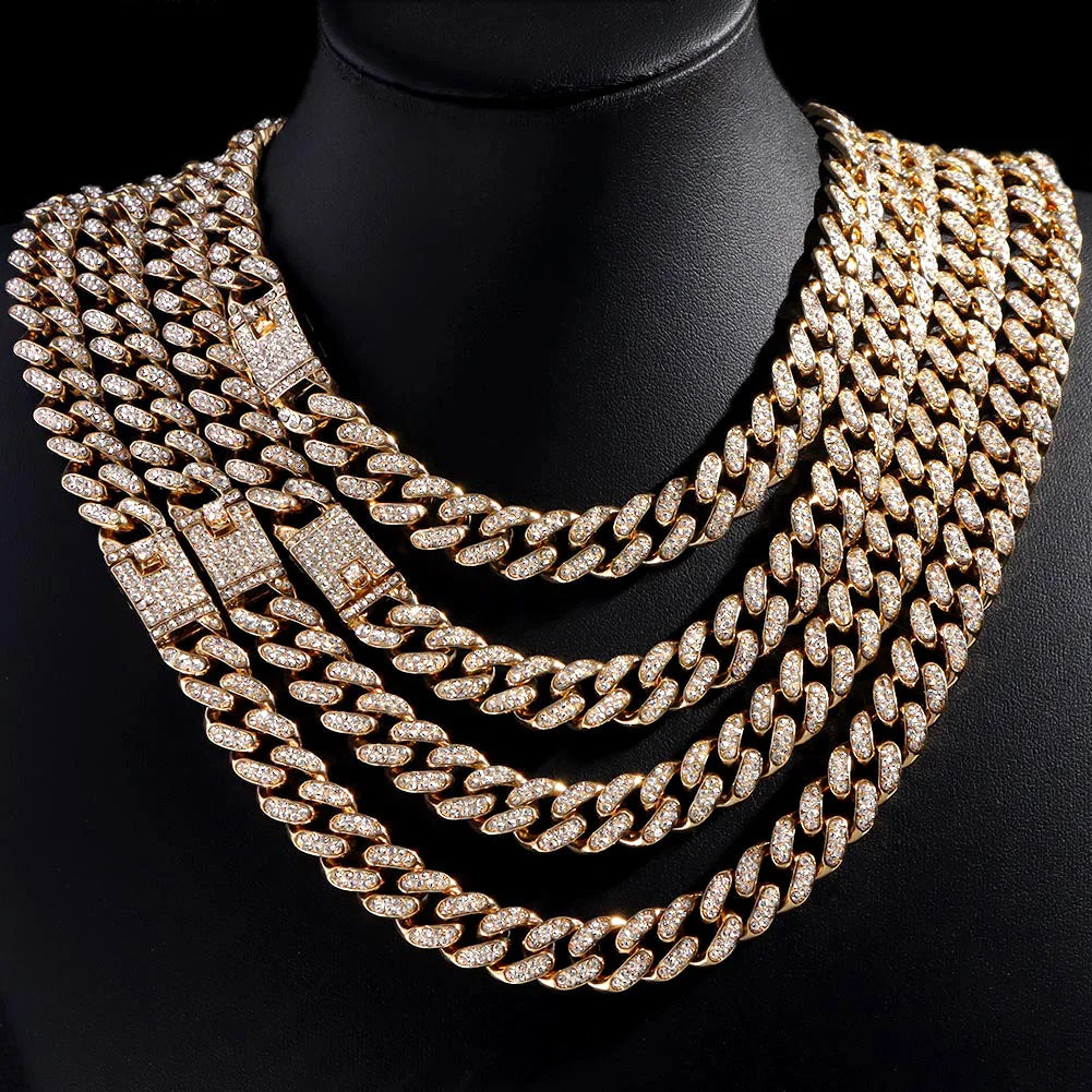 13/14/20MM HipHop Iced Out Chain Cuban Link Chain Necklace For Men Gold Silver Color Rhinestone Pave Men's Birthday Jewelry Gift