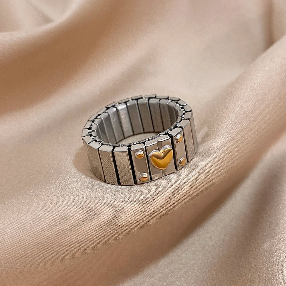 Greatera Elastic Force Stainless Steel Women's Ring Heart Pattern Fashion Colorfast Wide Design Valentine's Day Gift Jewelry