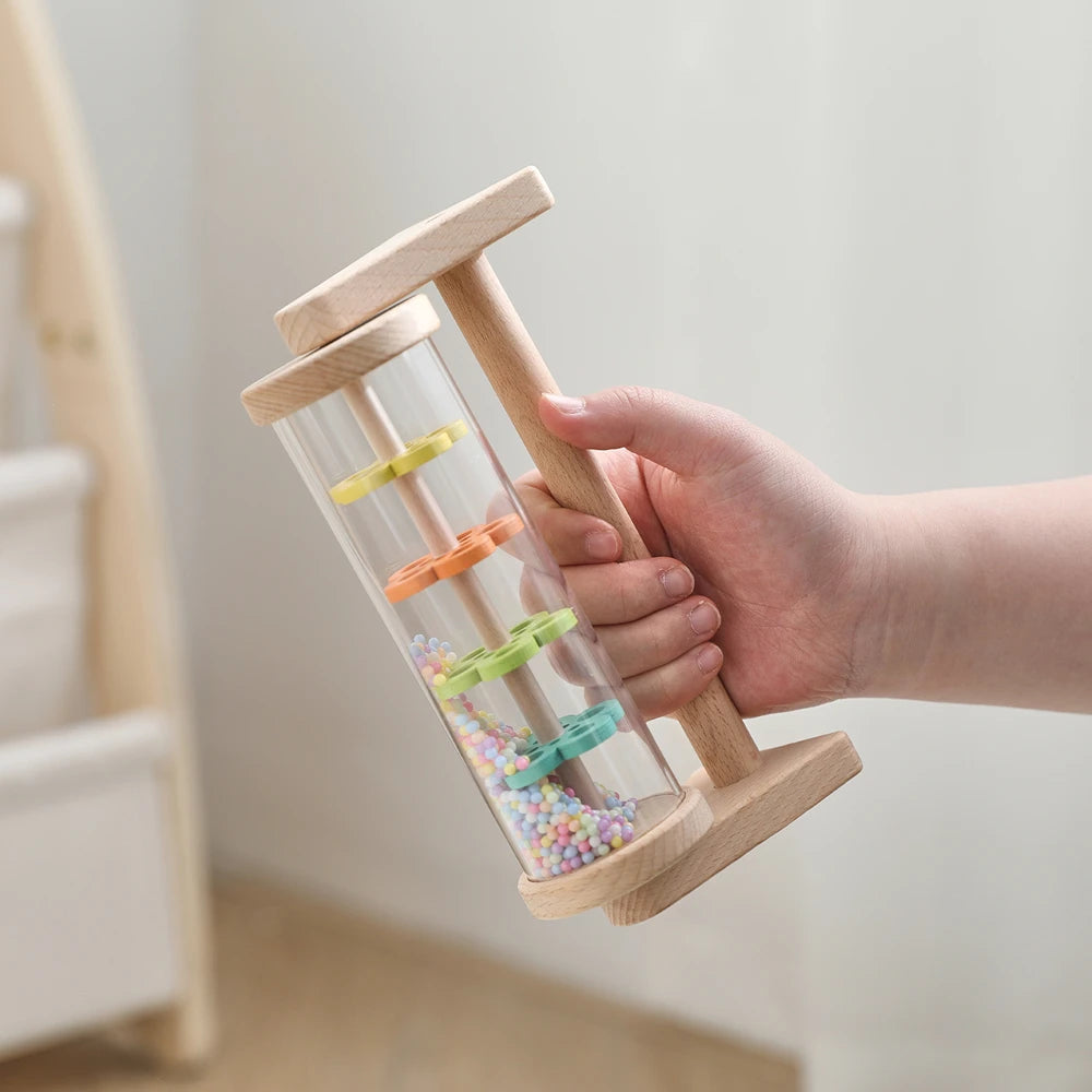 Wooden Rainmaker Toy for Babies Soothing Rain Sound Easy to Grasp Smooth Burr Free Water Based Paint Two Ways to Play Baby Gifts