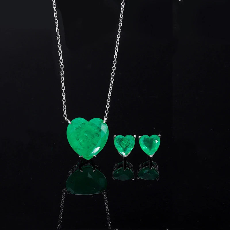 925 Sterling Silver Paraiba Emerald Simple Heart Necklace Earrings for Women Girls Vintage Tourmaline Gemstone Part Jewelry Set