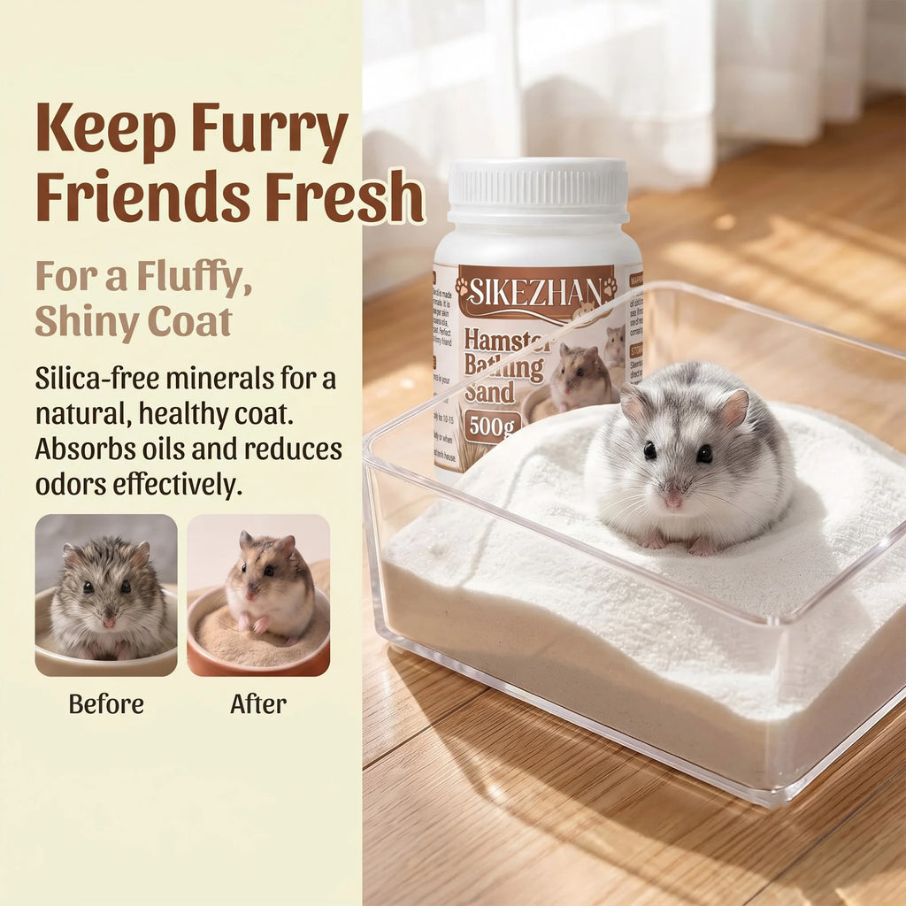 Premium Hamster Grooming Bath Sand Pet Dry Clean Bedding Pure Silica Dust Free Odor Control for Mice Gerbils Small Animal, 500g