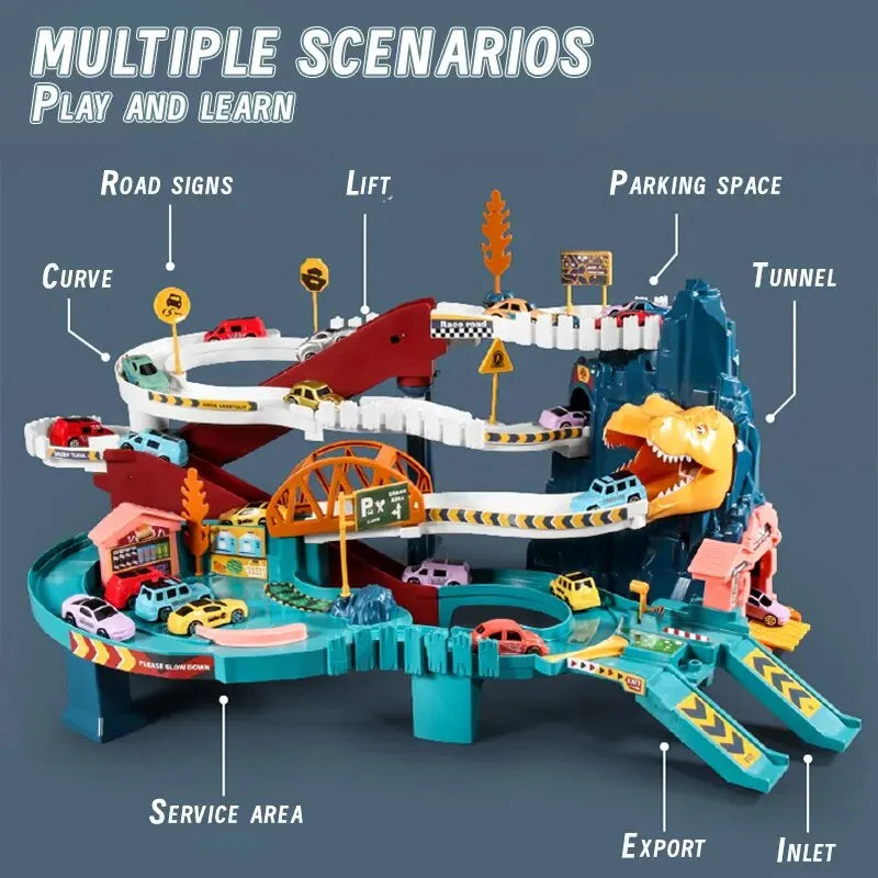 Electric Dinosaur Mountain Road Rail Kids Puzzle Playful Toy Adventure Car Small Train Car Parking Lot For Boys Birthday Gift