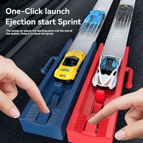 1/2/4 Tracks Mini Car Eject Toy for Boys Portable Rail Race Track Toy 4 Race Diecast Car Carrier Vehicles Set for Kids Boys Gift