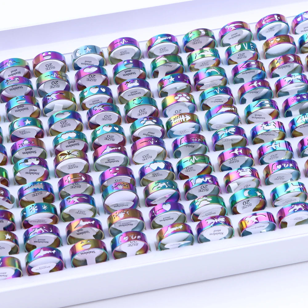10/20/50/100Pcs/Lot Fashion Stainless Steel Stripe Heart Hollw Rings For Men Women Mix Style Simple Jewelry Party Gifts