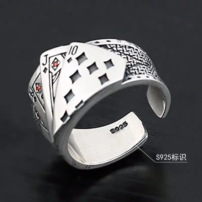 Buyee 925 Sterling Silver Unique Ring Finger Excellent Poker Open Ring for Woman Man Fashion Punk Fine Jewelry Circle with Box