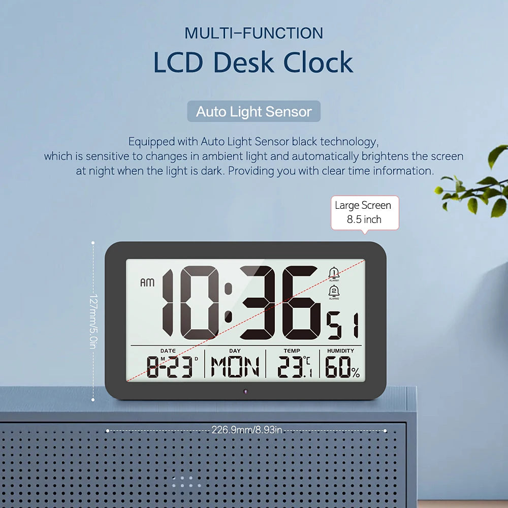 Large Digital Wall Clock with Temperature Humidity Calendar 8.5"Desk LCD Alarm Clock Backlight for Bedroom Office Living Room