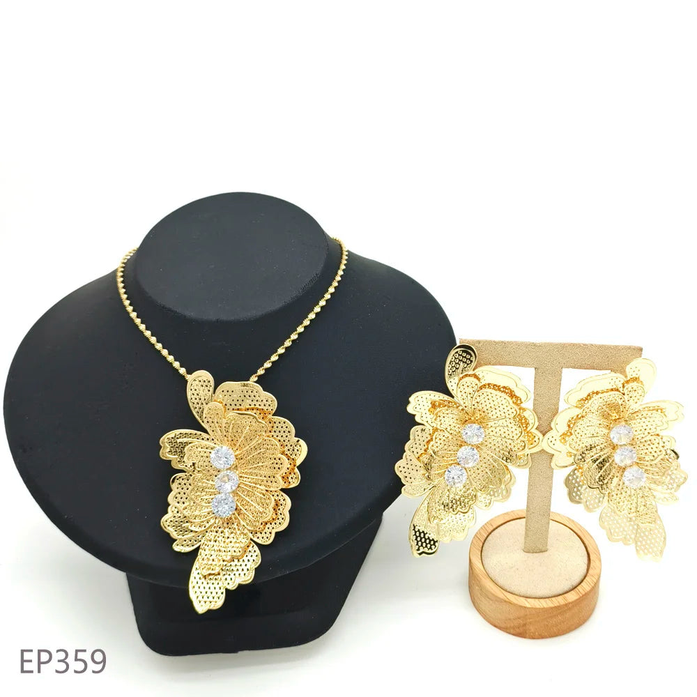 Fashion Dubai Jewelry Sets Gold Color Pendant Copper Classic Earrings Necklace For Women Daily Wear Party Anniversary Gifts