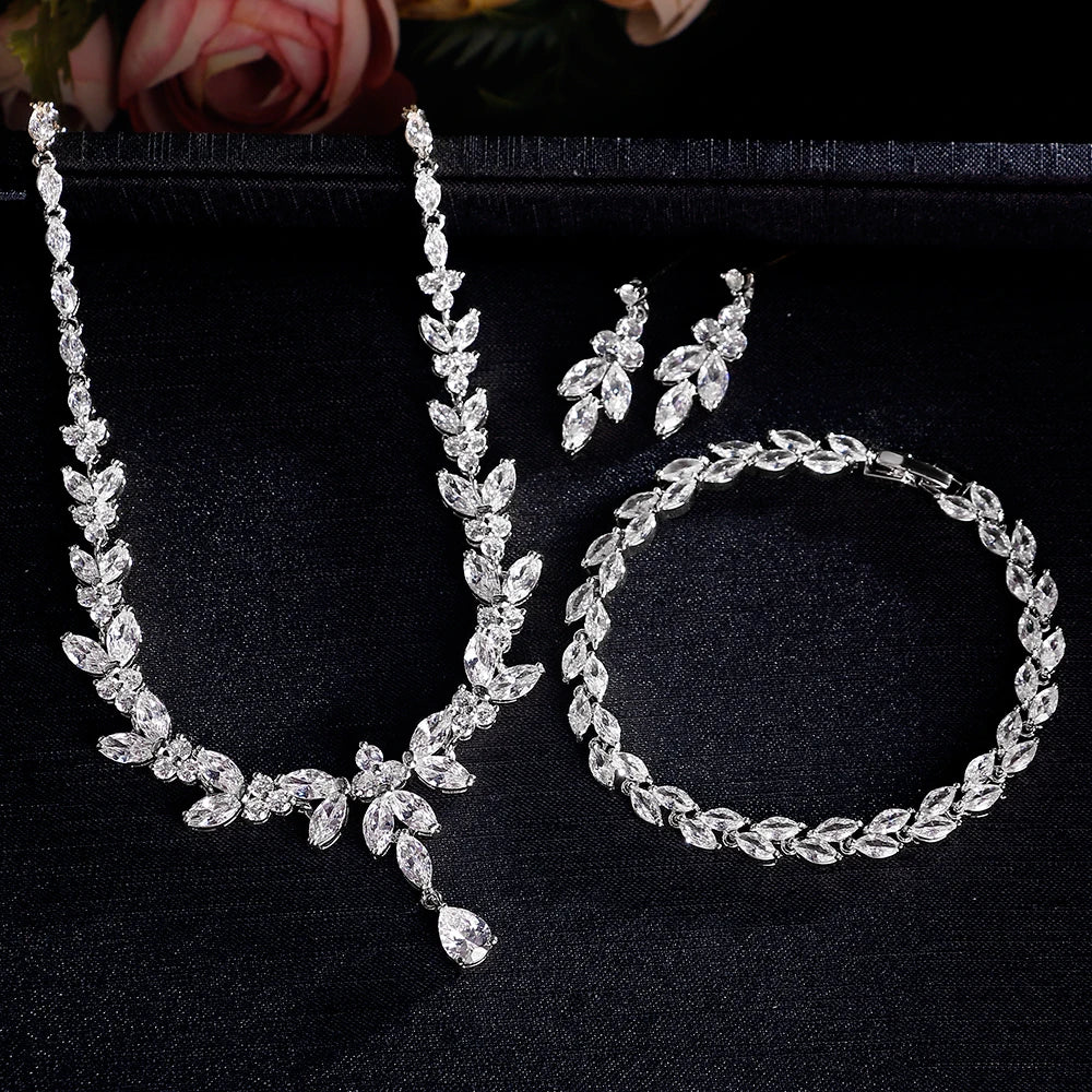 ZAKOL Luxury Brilliant Zirconia Leaf Necklace Earrings Rings Bracelets Set for Women CZ Drop Bridal Wedding Jewelry Sets New