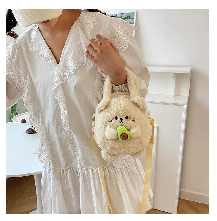 New Rabbit Kitten Plush Toy Backpack Stuffed Animal Rabbit Hold Peach Cat Hold Avocado Portable Shoulder Bag Girl Birthday Gifts