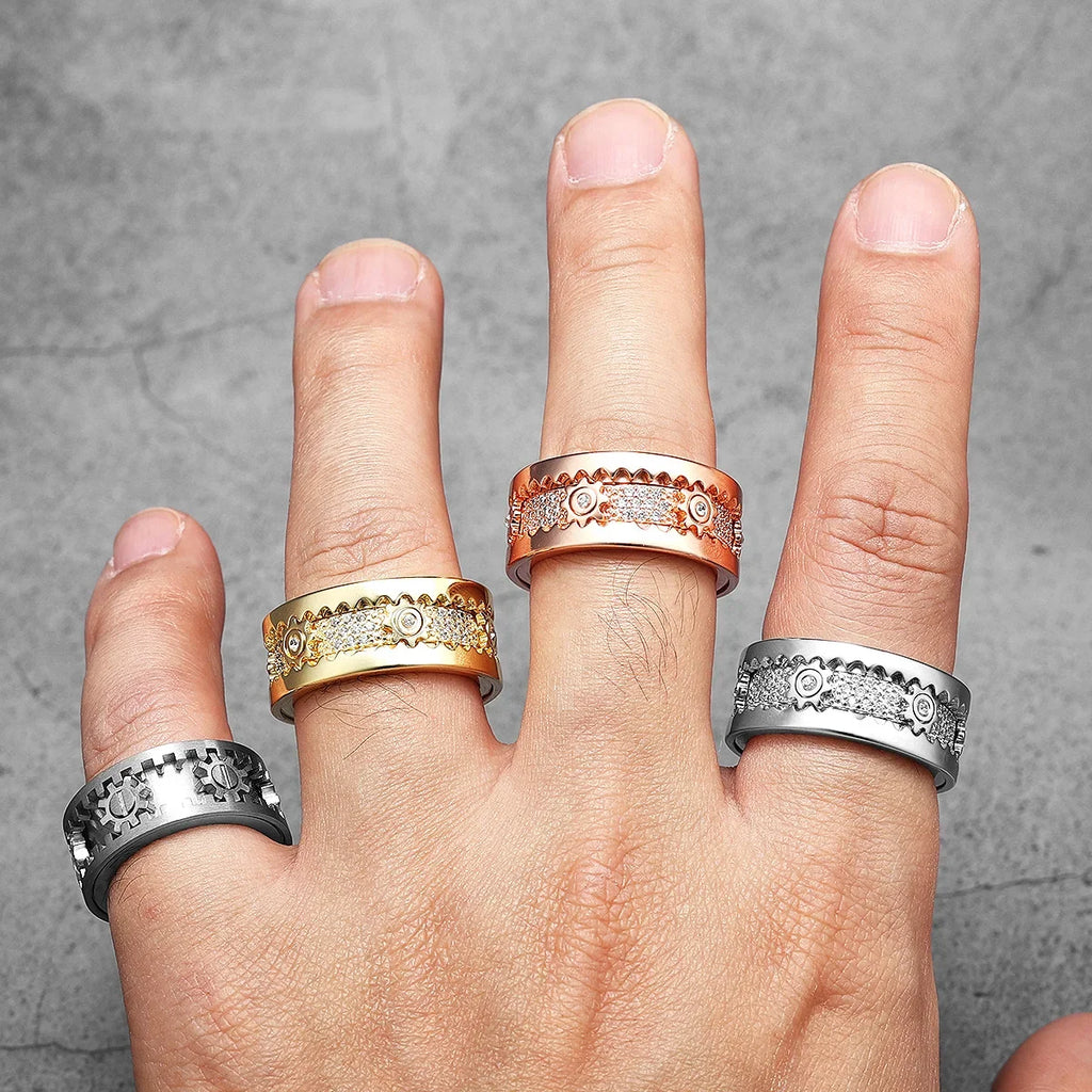 Fidget Spinner Gemstone Gear Men Rings Stainless Steel Women Jewelry Punk New in Rock Hip Hop Fashion Accessories Gift Wholesale