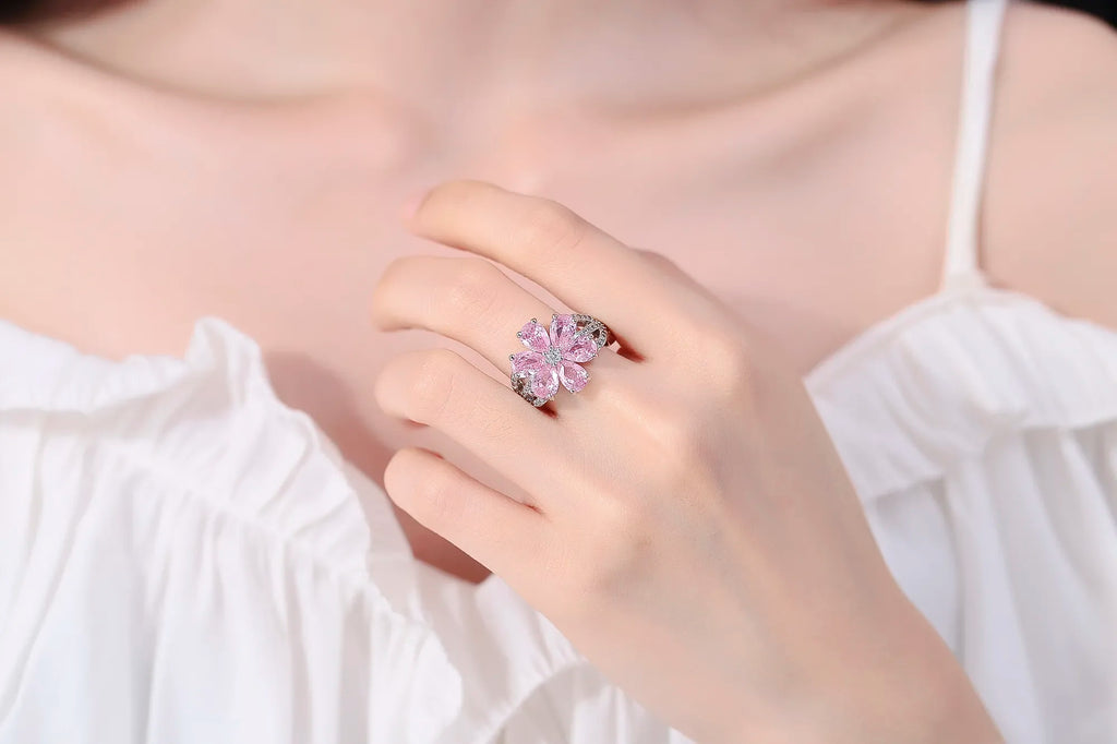 Fashion Wedding Ring for Women Pink Zircon Crystal Flower Pendant Bracelets Earrings Necklace Rings Fine Jewelry Sets FCGJHW