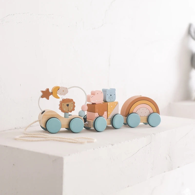 Wooden Montessori Toys Animal Block Dragging Stars Moon Surround Train  Hand Coordination Stacking Toy Handmade Decoration Gifts