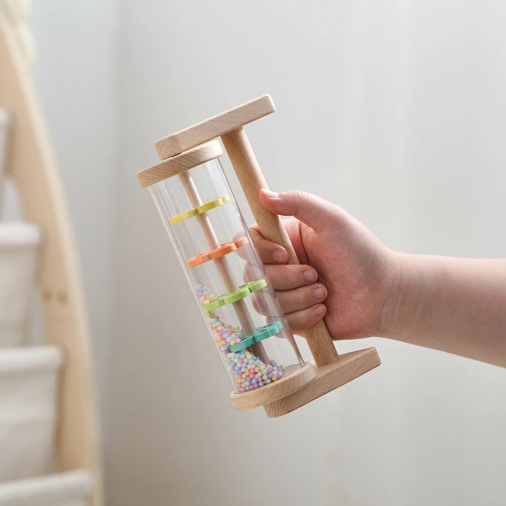 Wooden Rainmaker Toy for Babies Soothing Rain Sound Easy to Grasp Smooth Burr Free Water Based Paint Two Ways to Play Baby Gifts