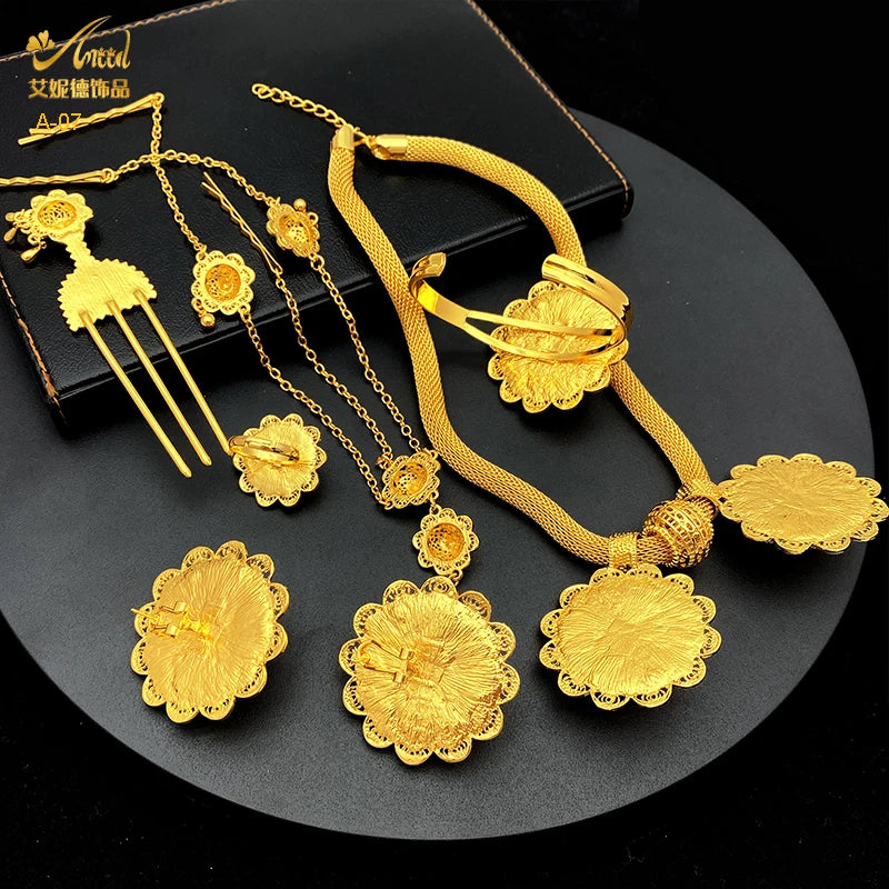 ANIID Ethiopian Gold Color 6pcs Jewelry Sets For Women Dubai Flower Shape Nigerian Luxury Necklace Jewellery Set Wedding Gifts