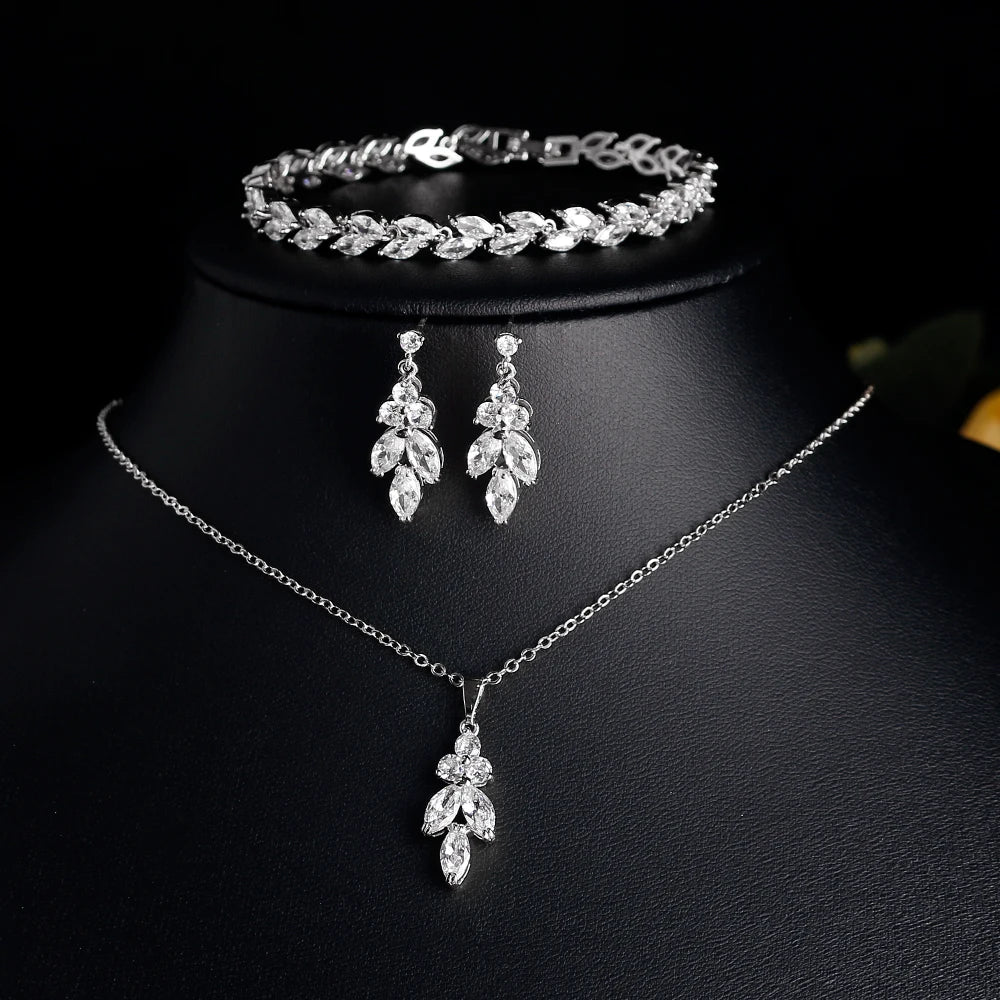 ZAKOL Luxury Brilliant Zirconia Leaf Necklace Earrings Rings Bracelets Set for Women CZ Drop Bridal Wedding Jewelry Sets New