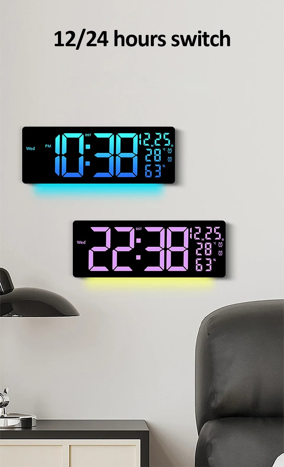 17" Large Digital Alarm Clock with 11Colors & Dynamic RGB Display RGB LED Wall Clock with Colour Changing/Dual Alarm/Room Decor