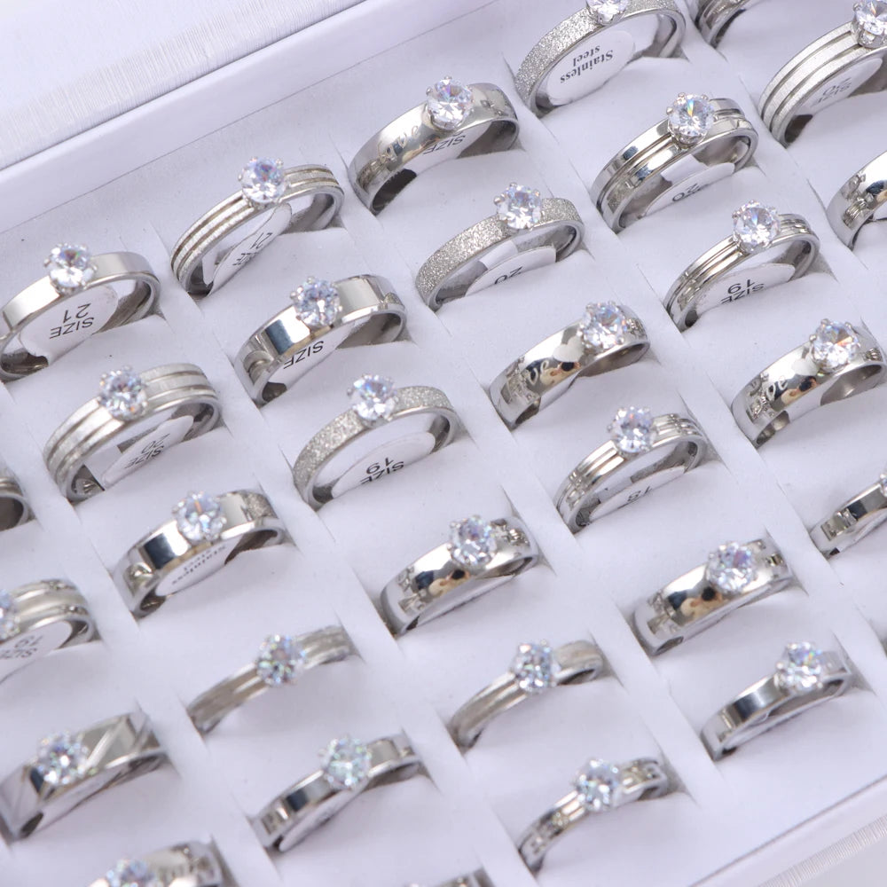 10/20/30/50Pcs/Lot Fashion Elegant Inlaid Stainless Steel Ring With Rhinestone High-end Women's Proposal Engagement Jewelry Gift