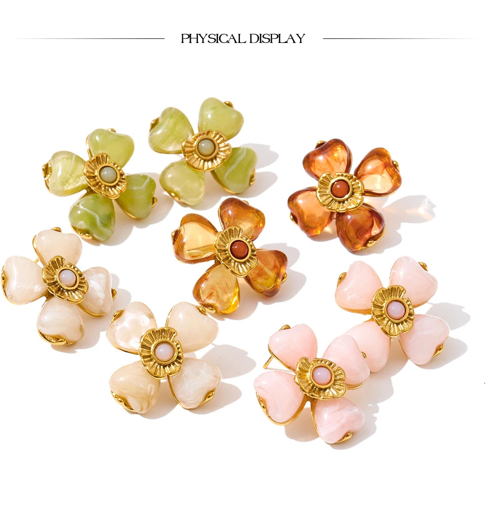 Yhpup Hot Style Acrylic Flower Pendant Necklace Earrings Ring Set for Women Stainless Steel Exquisite Jewelry Wholesale