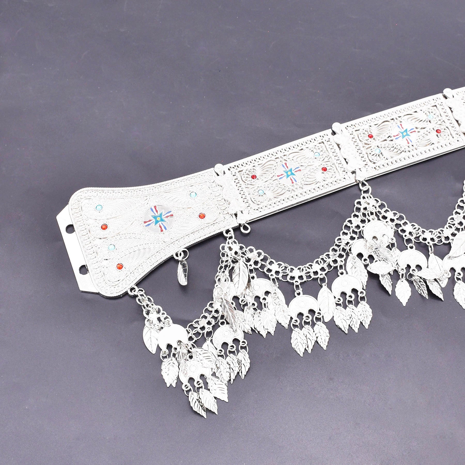 Silver Plated Assyrian Belt Hair Accessories Earrings for Women Kurdish Assyria Ethnic Colorful Flag Leaf Tassel Jewelry Sets