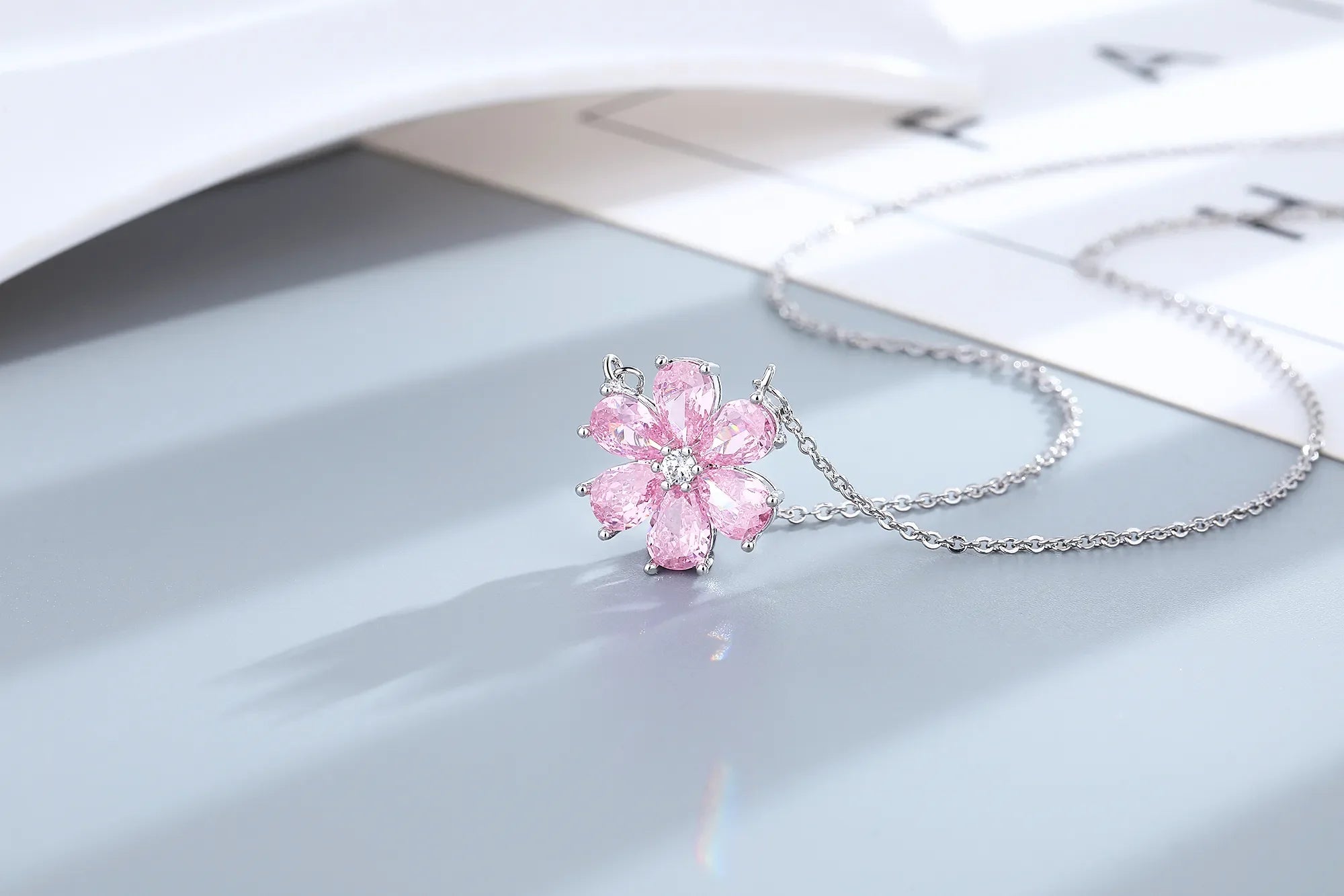 Fashion Wedding Ring for Women Pink Zircon Crystal Flower Pendant Bracelets Earrings Necklace Rings Fine Jewelry Sets FCGJHW