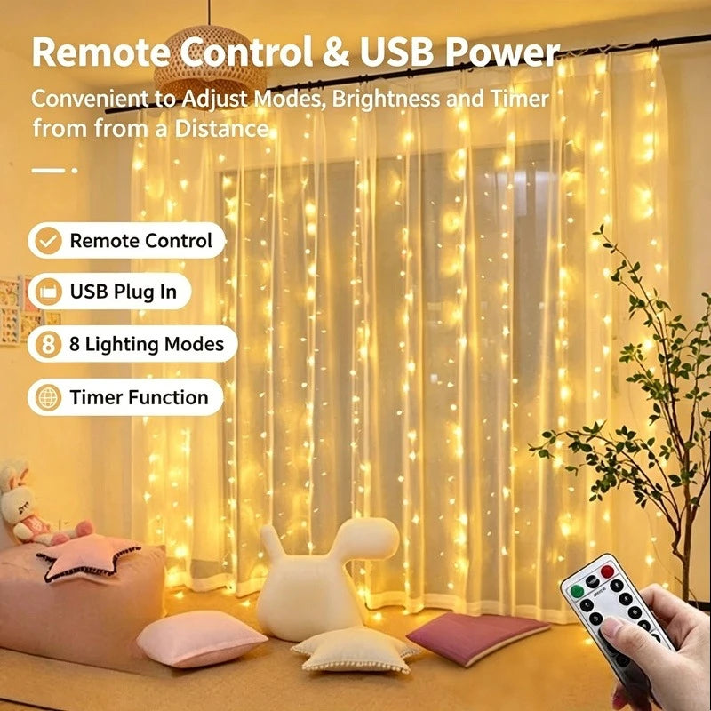USB LED Curtain Lights with Remote Control, Christmas Fairy Lights for Wedding Birthday Bedroom Party Home Decor