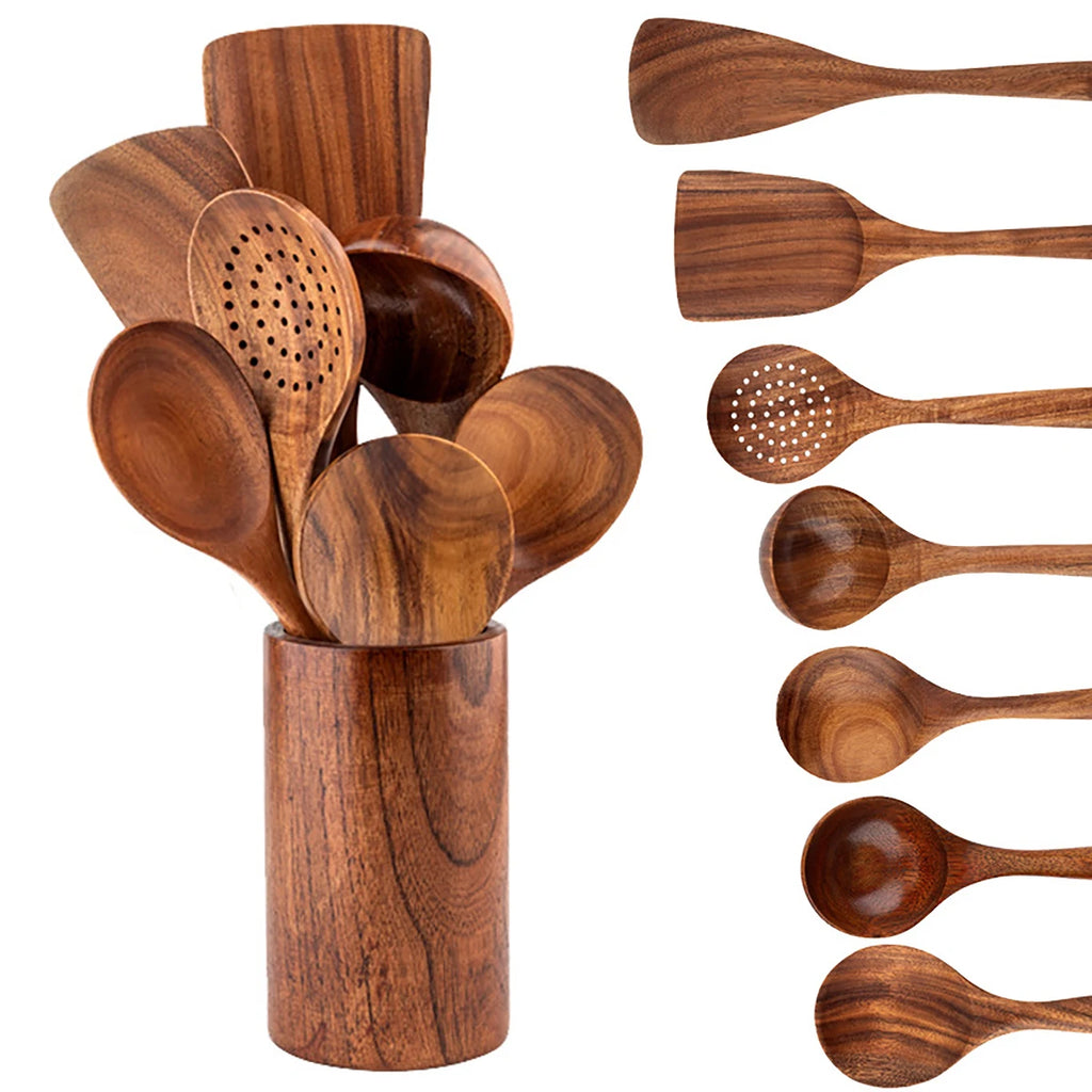 Wood Kitchenware Cooking Set Household Spatula Spoon Set Salad Spoon Fork Stirring Spoon Kitchen Baking Set With storage bucket