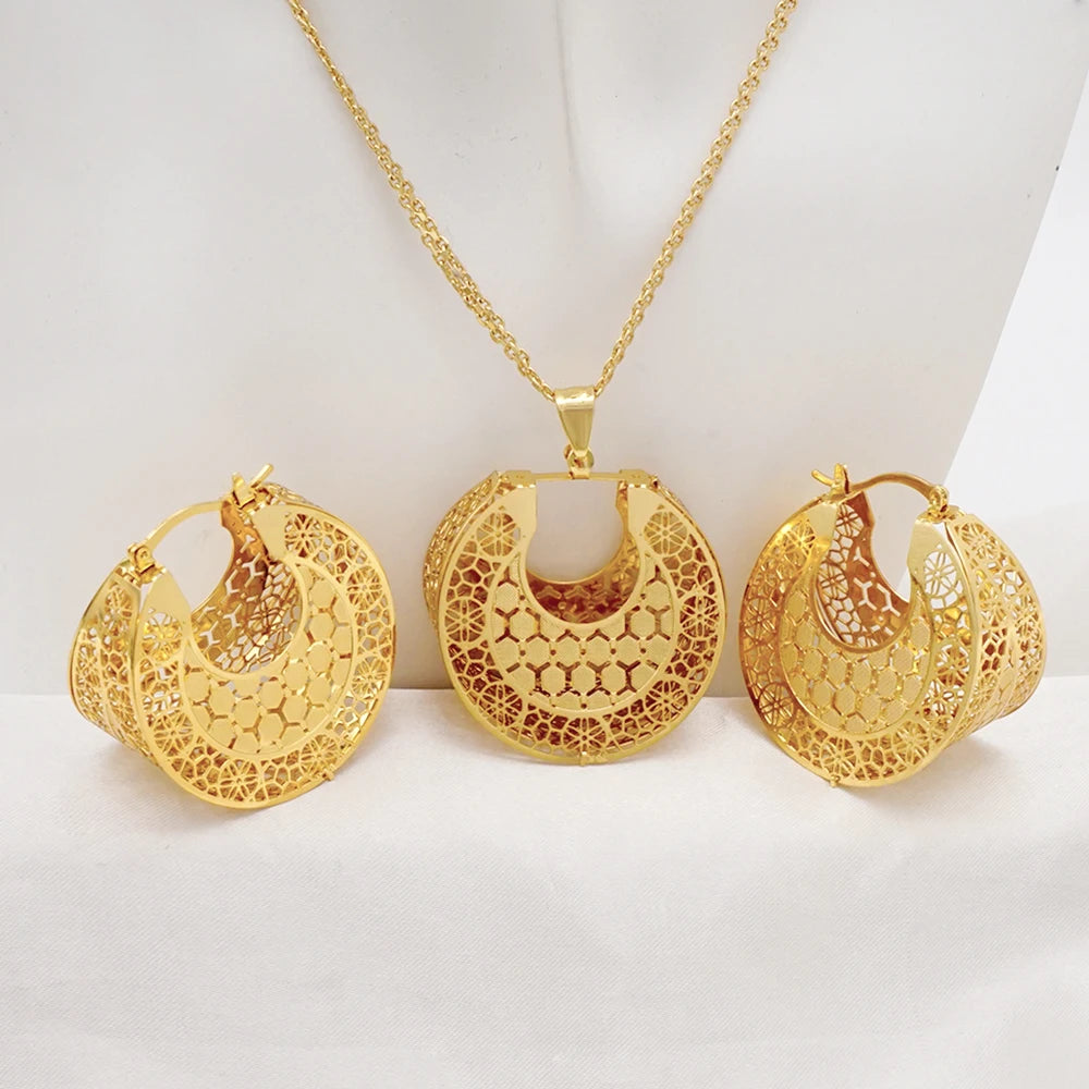 Fashion Dubai Jewelry Sets Gold Color Pendant Copper Classic Earrings Necklace For Women Daily Wear Party Anniversary Gifts