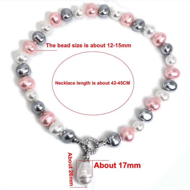 Luxury Style Cultured 12-15m White Potato Freshwater Pearl Necklace Cz Pave Shell Pearl Pendant Wedding