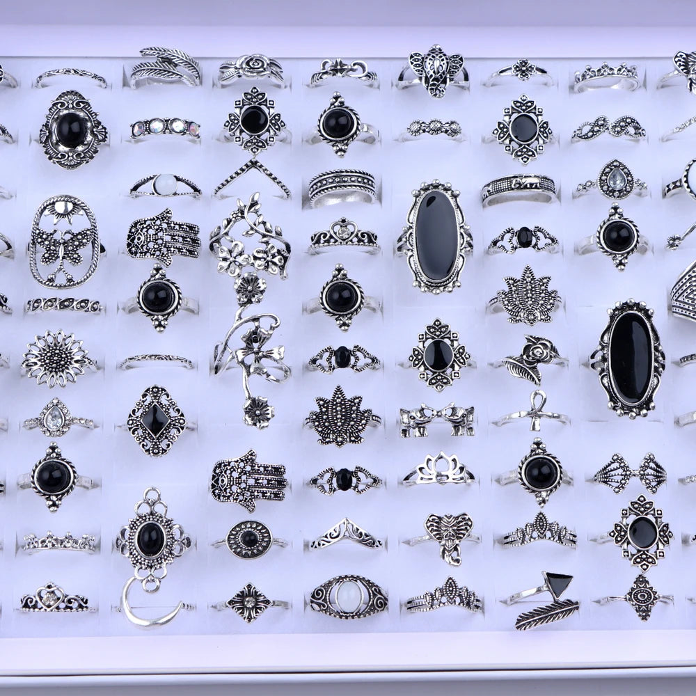 10/20/30/50/100Pcs/Lot Retro Punk Bohemian Rhinestone Carve Rings For Women Mix Style Jewelry Party Gifts Accessories Wholesale