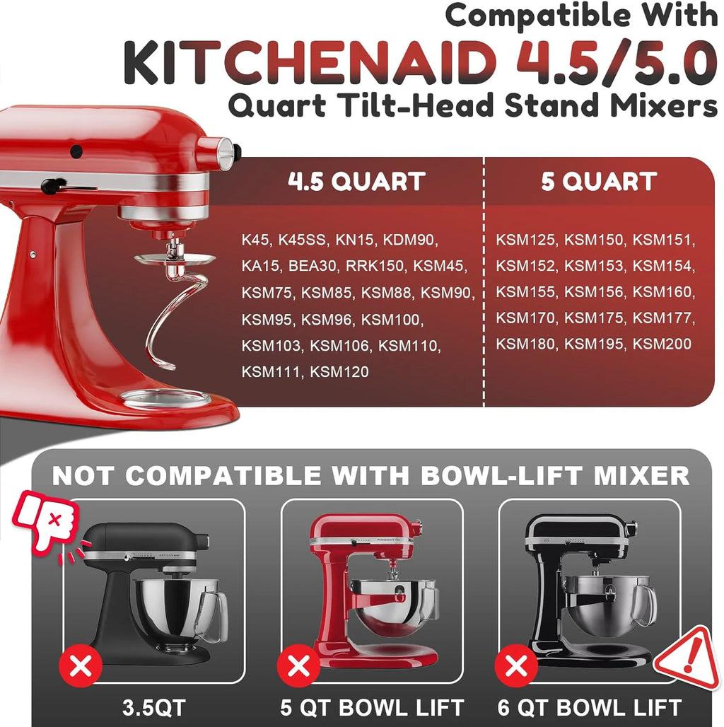 Dishwasher Safe,Spiral Dough Hook for Kitchenaid Stand Mixer, 4.5 Qt - 5 Qt Tilt-Head Attachments for Kitchenaid Dough Hook