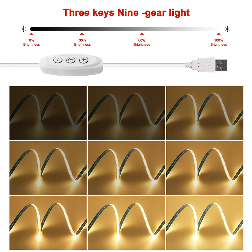 5V USB COB LED Strip Light 3Keys Touch Dimmable ON/OFF Switch Bright Red Green Blue Warm White 320LEDs Flex Ribbon Tape 8mm PCB