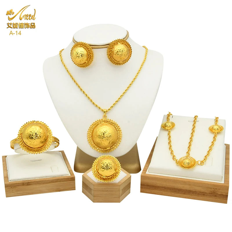 ANIID Ethiopian Gold Color 6pcs Jewelry Sets For Women Dubai Flower Shape Nigerian Luxury Necklace Jewellery Set Wedding Gifts