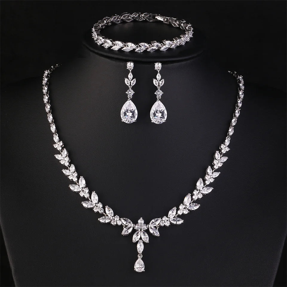 ZAKOL Luxury Cubic Zirconia Necklace Earrings Rings Set for Women Shinny Water Drop Leaf CZ Bridal Wedding Jewelry Sets