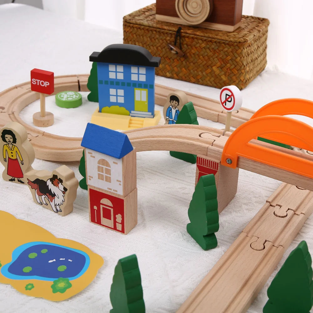 Boys Wooden Track Train Set Wooden Railway Car Educational Toys Compatible for Wooden Track Toys for Kids Gift