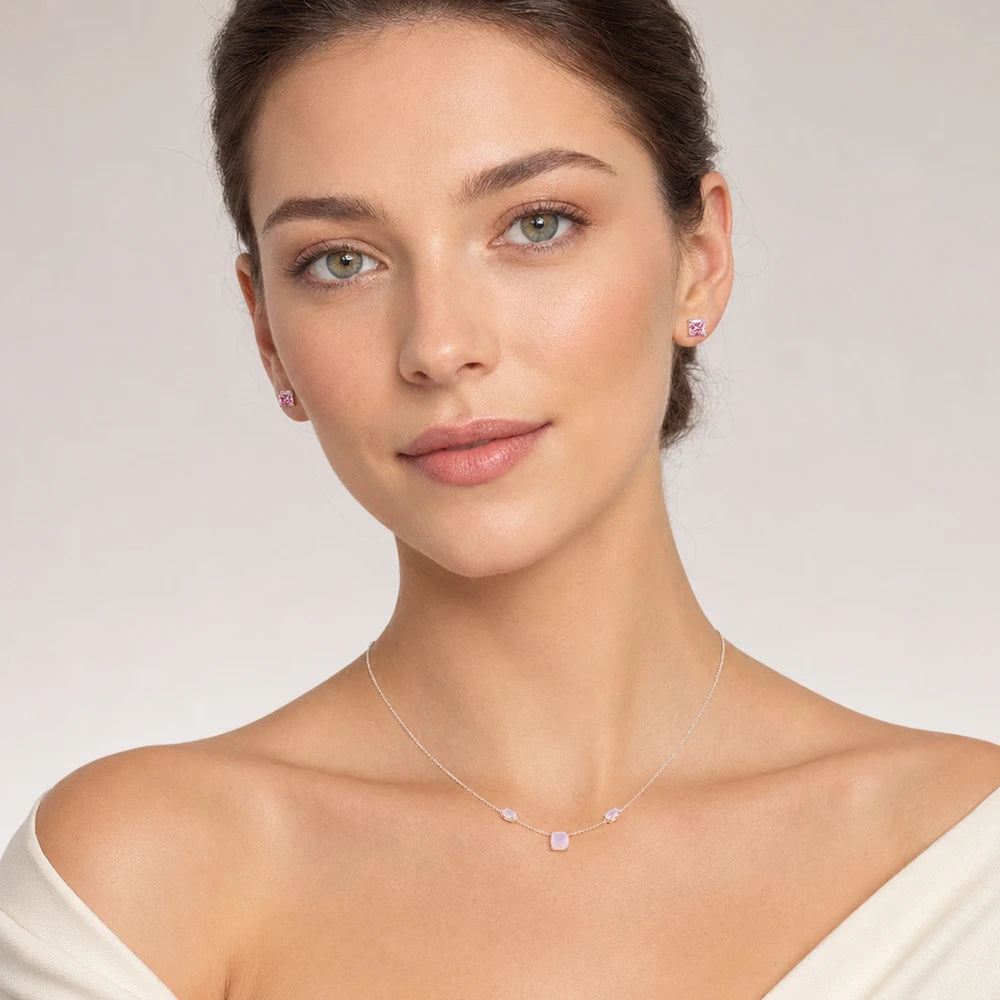 Pink Stone Necklace and Earring Jewelry Set Spring Brand New 925 Sterling Silver Romantic Gift For Women