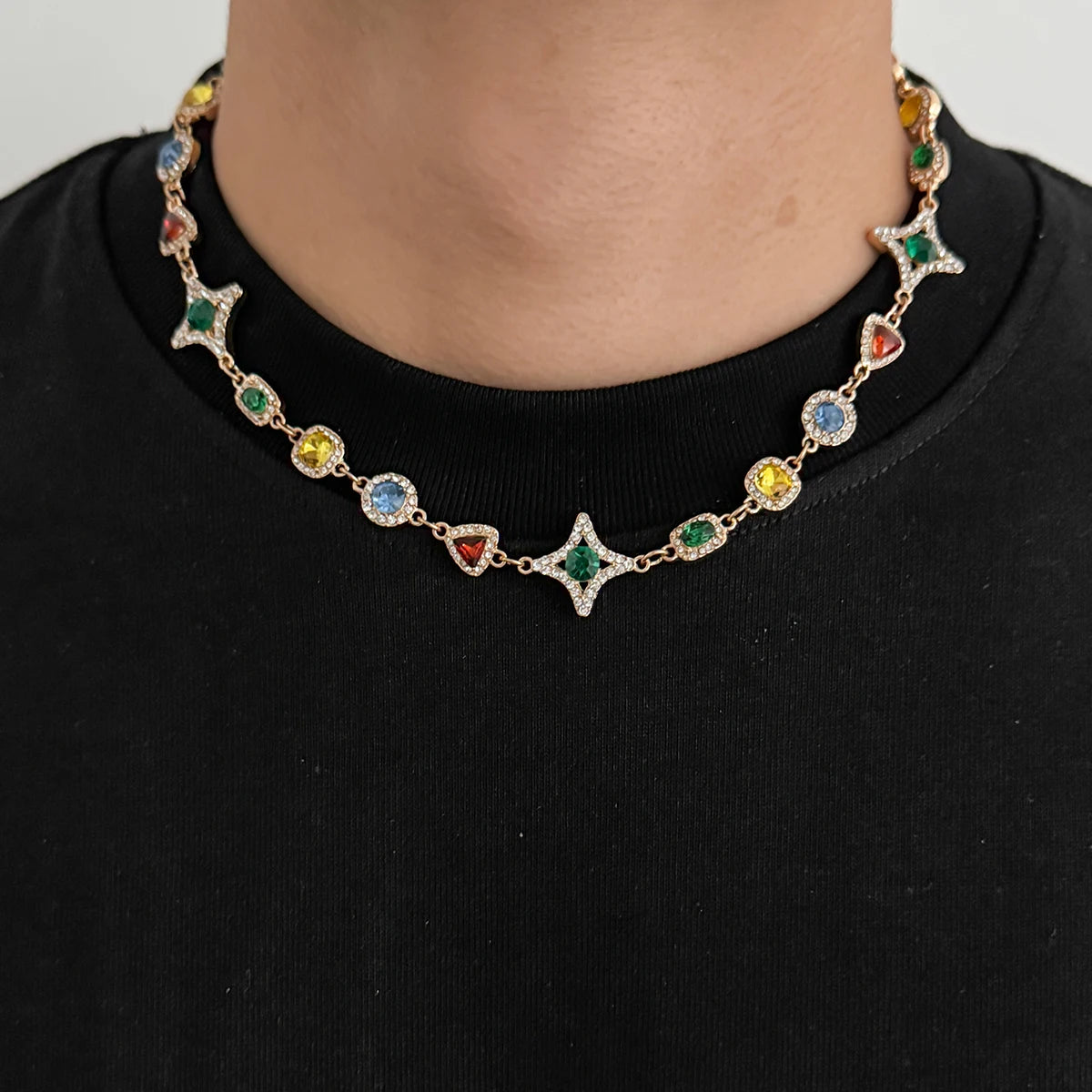 Ingemark Boho Luxury Colorful Crystal Chain Necklace Bracelet for Men Exquisite Creative Adjustable Link Couple Jewelry Set New