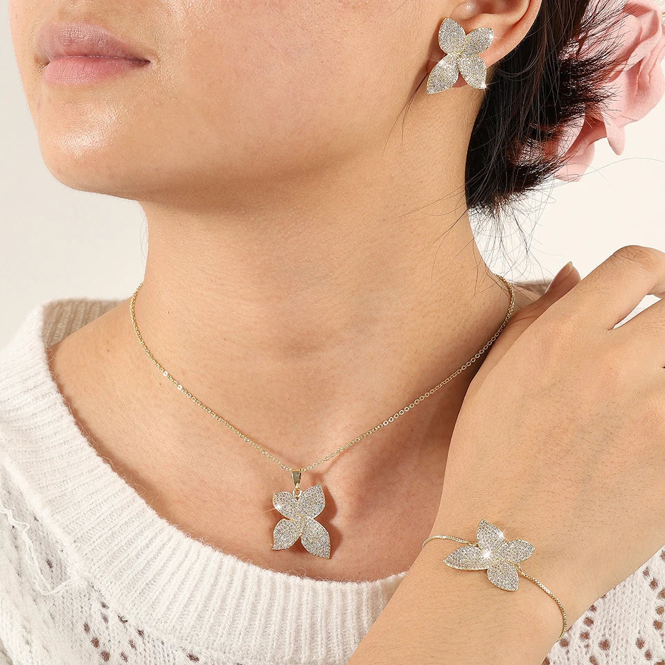 ZAKOL Luxury Micro Pave Setting Cubic Zirconia Leaf Earrings Ring Bracelet Necklace Gorgeous Dubai Jewelry Set For Dinner Party