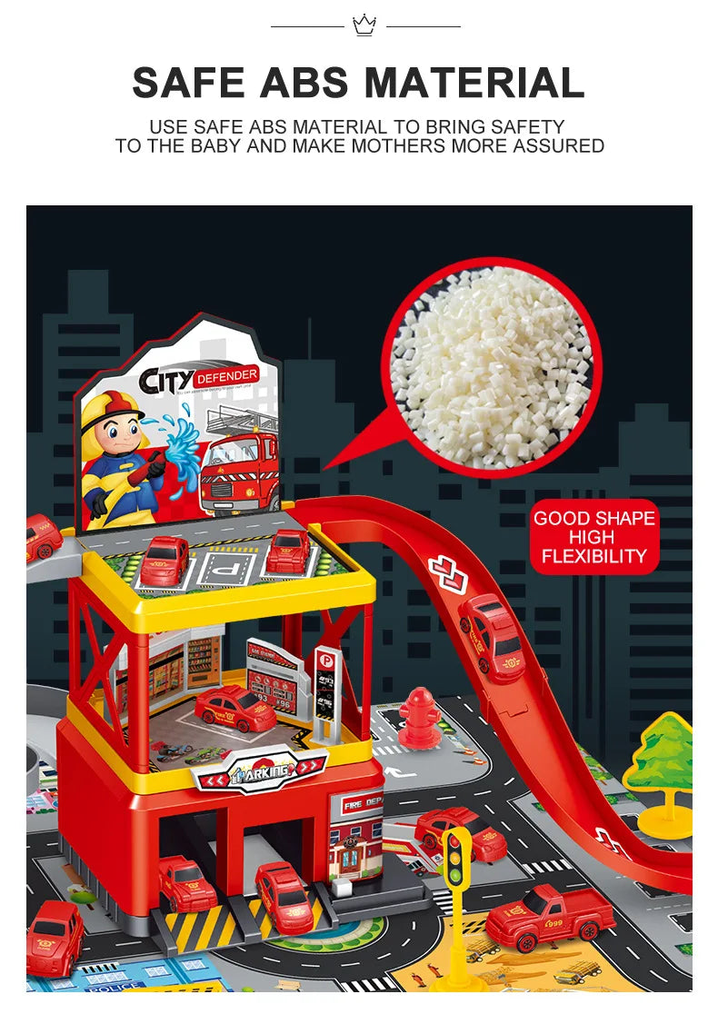 Kids Racing Track with Mini Cars Sliding Parking Lot Toys Multi-Storey Car Parking Fire Police Engineering Vehicle Boy Xmas Gift
