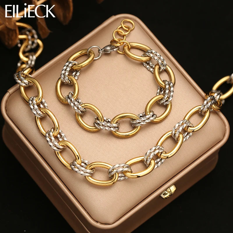 EILIECK 316L Stainless Steel Double Color Oval Necklace Bracelet Set For Women Hip-Hop Punk Twists Neck Chain Jewelry Gift