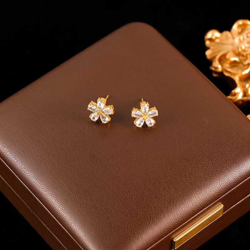 GANEMLY Stainless Steel  Sparkling White Zircon Flower Necklace Bracelet Earrings Set For Women Trendy Waterproof Jewelry Gift