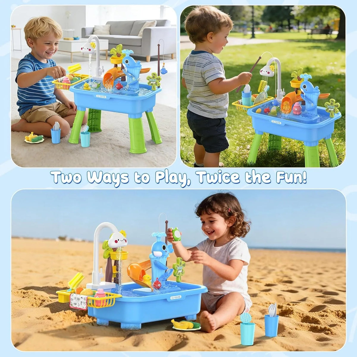 2026 Upgraded Toddler Water Table Kitchen Play Sink Toy Electric Pump Running Water Sensory Fishing Game Summer Outdoor Toys