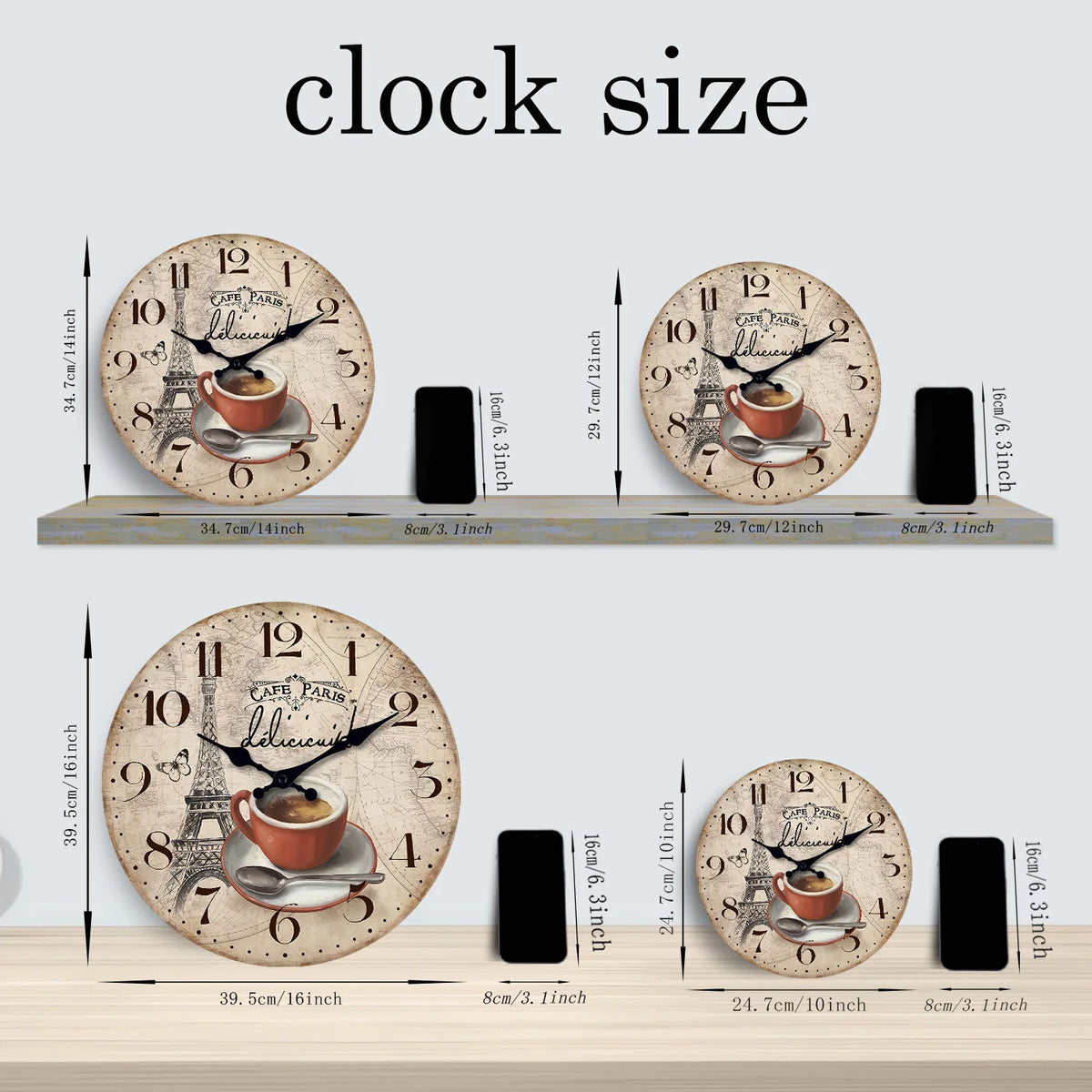 French Retro Paris Eiffel Tower Coffee Cup Wooden Wall Clock Living Room Bedroom Kitchen Home Decoration Wall Clock Silent Quartz Clock Holiday Gift 10 Inches 12 Inches 14 Inches 16inch (Without Batteries)
