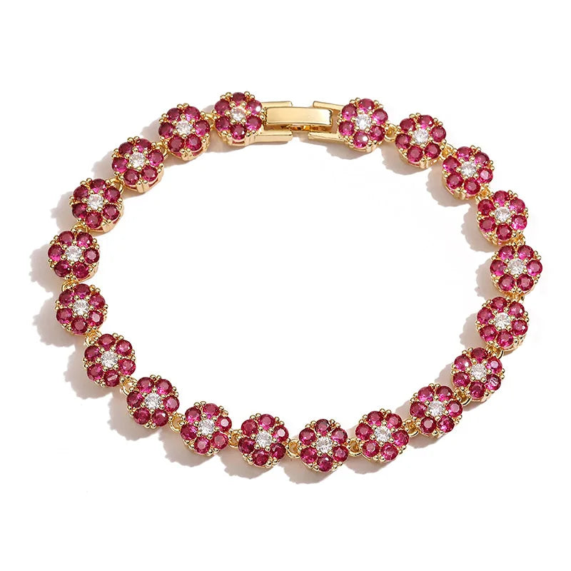 HECHENG, Flowers Colourful Zircon Necklace Bracelet ,Fine Jewelry Brass 18K Real Gold Plated Romantic Gift For Women