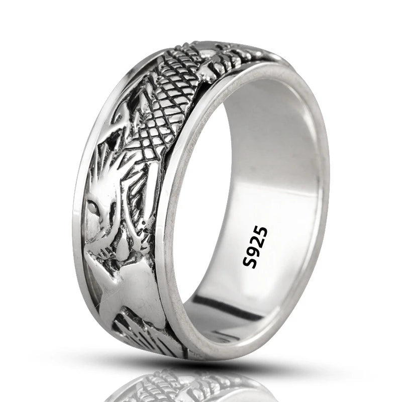 12mm Width Real S925 Sterling Silver Lucky Dragon Double Layer Rotatable Closed Dragon Ring For Man Woman Fiine Jewelry Gift