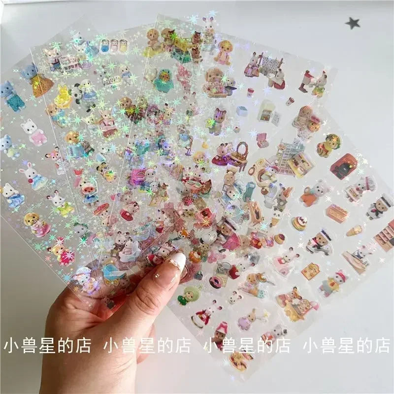 Sylvanian Families High-value Cute Double-transparent Sticker Scene Decoration Material Hand Account Waterproof Laser Star Toy