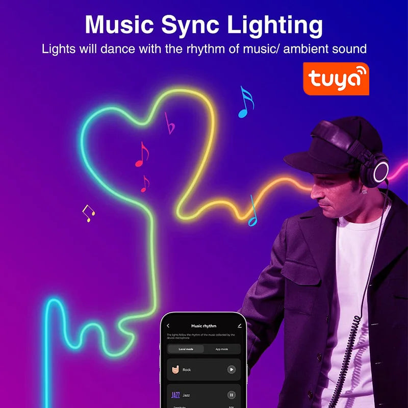 TUYA Neon LED Strip Lights 5V 72LEDs/M Silicone Neon Rope Light with Music Sync RGBIC Dreamcolor Chasing Strip Tape for Room