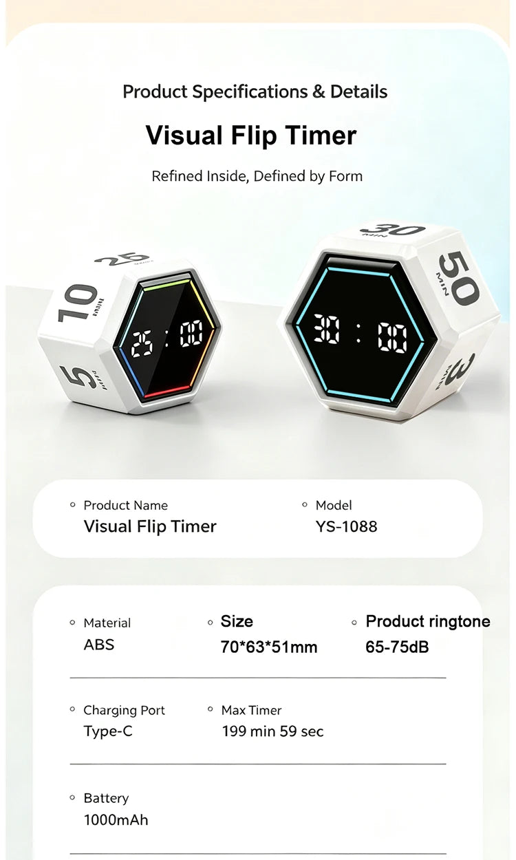 YS-1088 Productivity Flip Timer Gravity Sensor Countdown Visual Timer 6 Preset Time LED Display Cube Kitchen Timer Alarm Clock