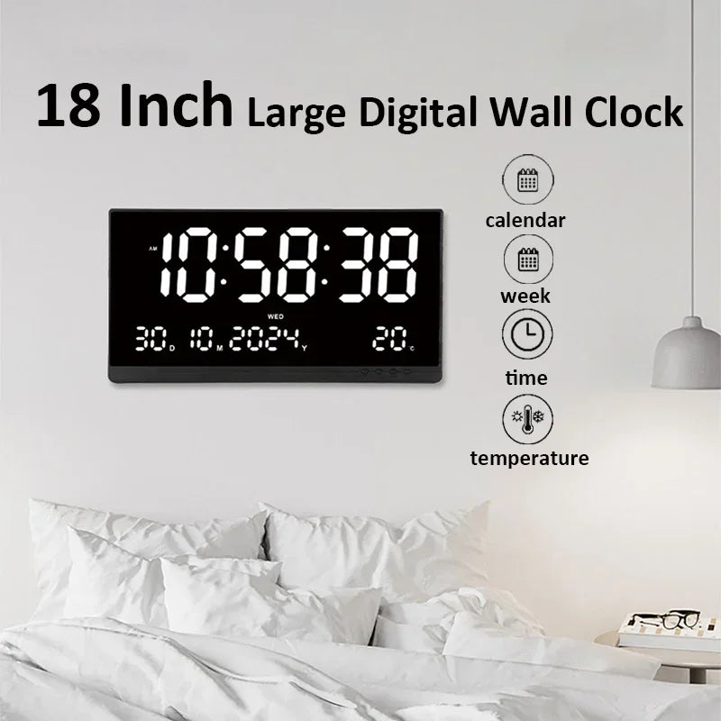 21 Inch Large Digital Wall Clock USB Powered Time Calendar 12/24H Time/Day/Month/Year/Temp Display Electronic LED Alarm Clock